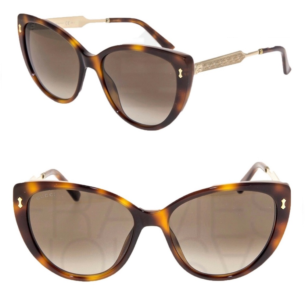 GUCCI DAMASCATO Havana Gold Cat Eye Sunglasses